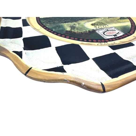 Vintage Hand-Painted Wood French Camembert Cheese Wall Plate Checkered -2 - Picture 5 of 9